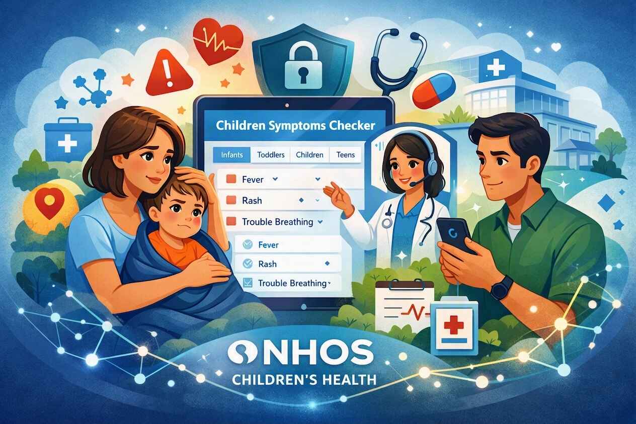 Illustration of the NHOS Children's Symptoms Checker showing a parent comforting a child, a pediatric clinician, and the digital symptom checker interface with infants, toddlers, children, and teens tabs.