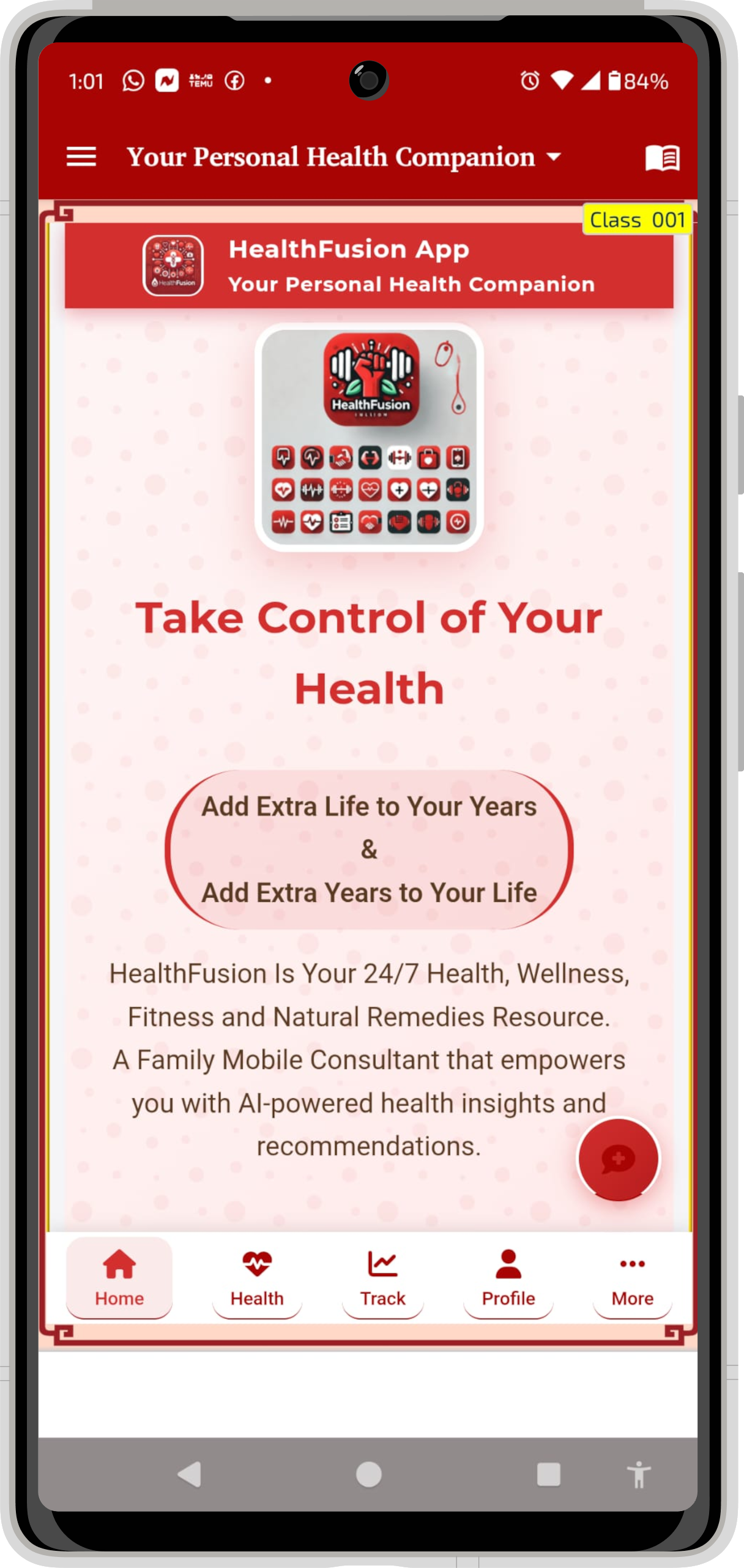 NHOS Dashboard showing health metrics and tracking features
