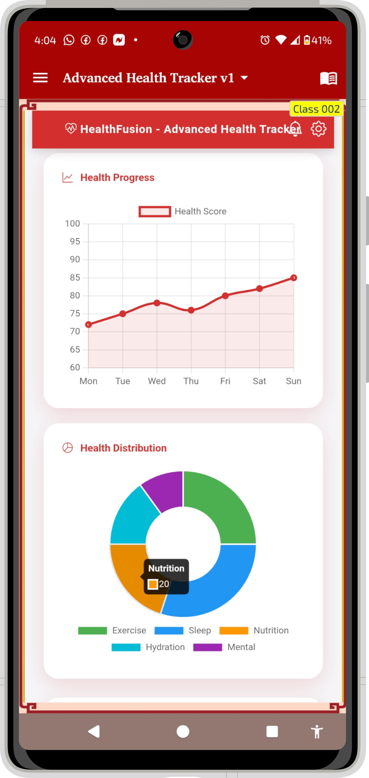 NHOS Personal Dashboard showing nutrition, fitness, and sleep tracking