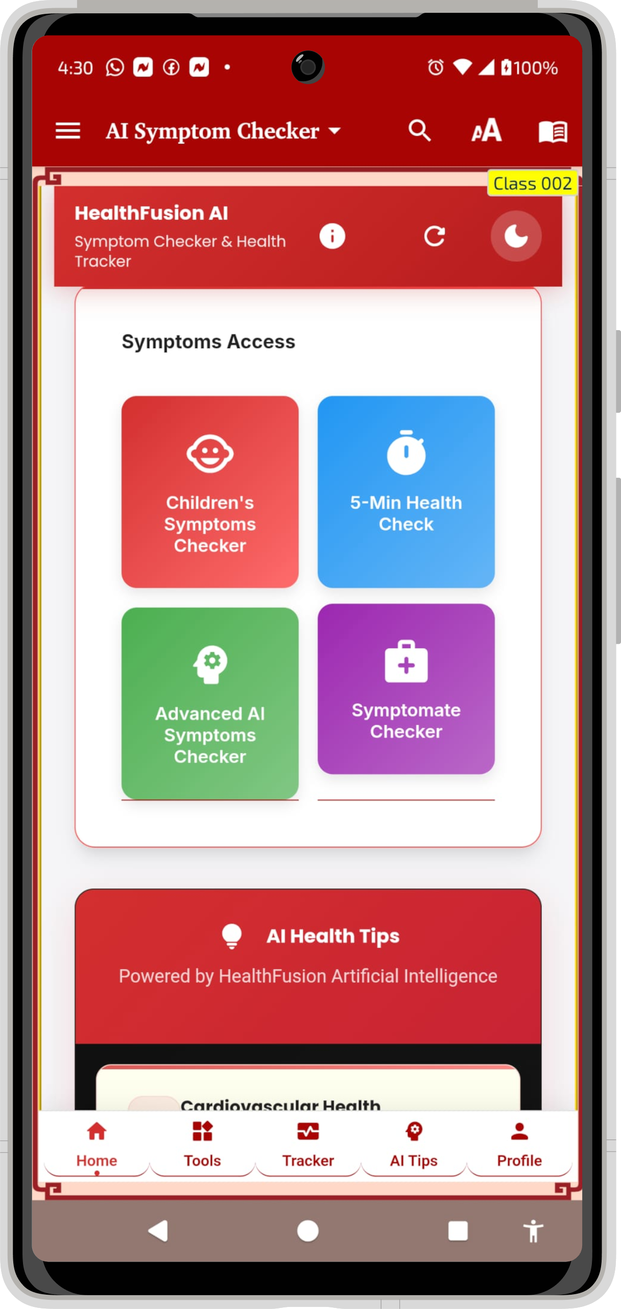 NHOS Mobile App Interface with comprehensive health tools